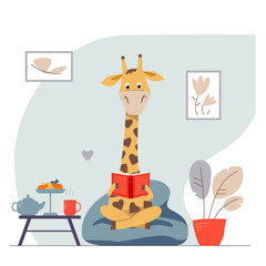Cute cartoon giraffe sitting on a soft chair and reading book. Funny child animal at home. Cozy room for rest. Serving table with teapot, cup and candies.