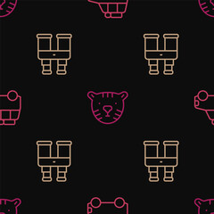 Set line Car, Binoculars and Tiger head on seamless pattern. Vector