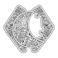 Coloring book for adults antistress. Night sky. Fantastic patterns, moon and decorative abstract elements. Vector illustration of doodles