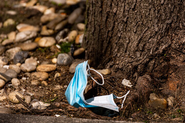 Surgical mask thrown on the floor