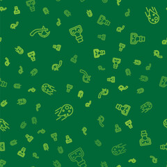 Set line Wooden axe, Fireball and Bottle with potion on seamless pattern. Vector