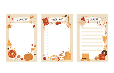 To do planner template. Daily check list cozy autumn vibes. Autumn trendy organizer elements. Harvest festival and thanksgiving day concept. Vector illustration in cartoon style. Isolated background