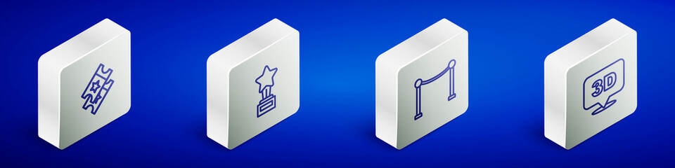 Set Isometric line Cinema ticket, Movie trophy, Rope barrier and 3D word icon. Vector