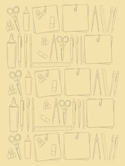 Thematic background, the beginning of the school year, graphic image of office supplies for study, illustration