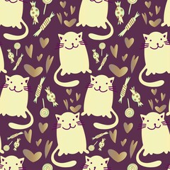 Fototapeta premium Vector seamless pattern cartoon decorative design cute cats in pastel tones with hearts