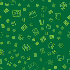 Set line CD disk award in frame, Film reel and Cinema auditorium with screen on seamless pattern. Vector