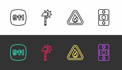 Set line Emergency call 911, Firefighter axe, flame in triangle and alarm system on black and white. Vector