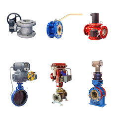six valves of various designs with automatic and manual control for a gas pipeline on a white background - 454202710