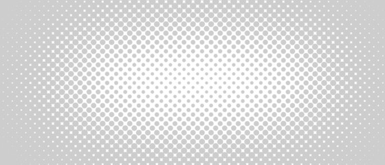 Abstract background made of halftone dots in white and gray colors. Shade from gray to white from outside to inside
