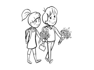 Children go to school, smartly dressed and carry bouquets of flowers to the teacher, the beginning of the school year, schoolchildren, hand drawn illustration