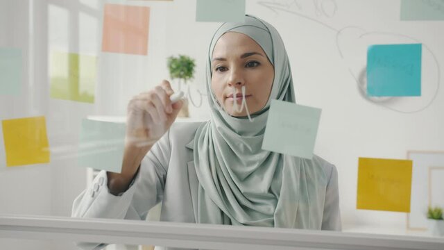 Young creative muslim designer wearing hijab is writing on glassboard with sticky notes working in office alone concentrated on project. People and work concept.