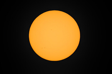 Centered view of the Sun with two active sunspot regions seen in Dublin, Ireland on 26 August, 2021. Image captured with use of solar eclipse filter