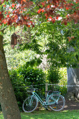 Blue bicycle parked under a tree, with red and green foliage, in which hangs a small wooden birdhouse	