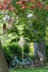 Fototapeta na wymiar Blue bicycle parked under a tree, with red and green foliage, in which hangs a small wooden birdhouse 