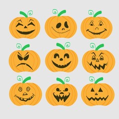 set of orange pumpkins with different scary and funny faces for Halloween, icons with different creepy pumpkins