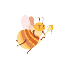 Cartoon happy honeybee with spoon with honey in flat style. Child character for logo and emblem