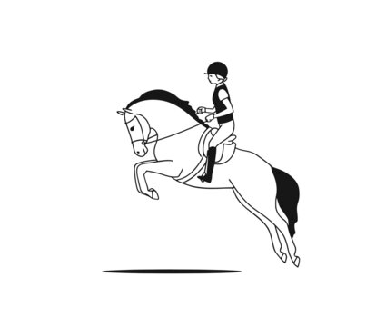 Rider riding a horse that got scared and jumped up, vector line drawing