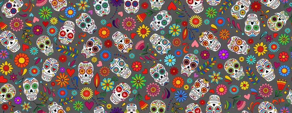 Day of the dead sugar skull pattern. Dia de los muertos print. Day of the dead and mexican Halloween. Mexican tradition  festival texture. Dia de los Muertos tattoo skulls on black background.