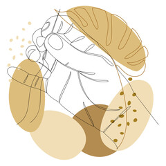 Human hands holding a needle and thread for sewing, in a modern one-line style, and the leaves of a plant. Continuous line drawing, contour for decor, posters, stickers, logo. Vector illustration.