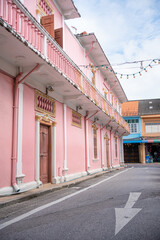 Travel landmark on summer trip famous location. Phuket old town Colorful buildings in Sino Portuguese style