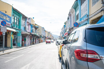 cars on the street.Walking street old town phuket