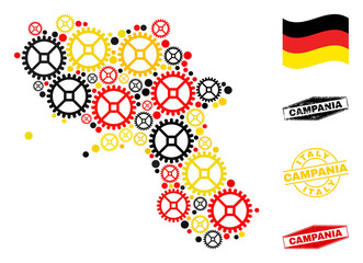 Service Campania region map mosaic and seals. Vector collage is created of repair service icons in various sizes, and Germany flag official colors - red, yellow, black.