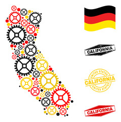 Gear California State map collage and stamps. Vector collage is designed of repair workshop elements in variable sizes, and Germany flag official colors - red, yellow, black.