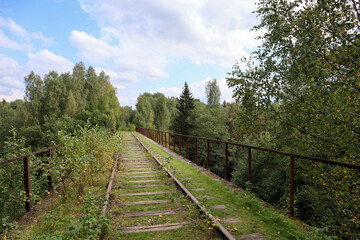 rusty rails of abandoned railway on the old bridge surrounded by forest