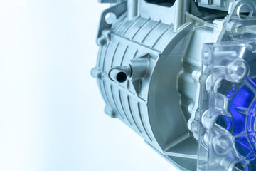 close up view of modern electricity car engine and spare part. selective focus with copy space.