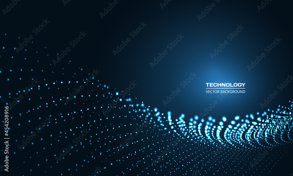 Poster Digital abstract vector technology particle wave in dark blue background. Hi tech particles wire network concept. Futuristic technology artificial intelligence science background. Vector illustration