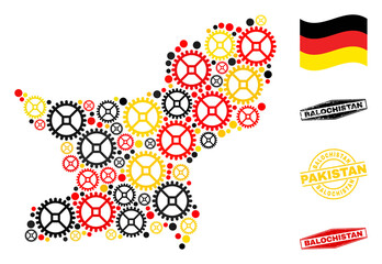 Service Balochistan Province map collage and seals. Vector collage is designed of clock gear elements in different sizes, and German flag official colors - red, yellow, black.