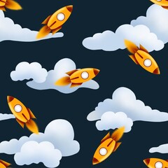 seamless pattern with clouds and rockets. Digital design for packaging, wallpaper, fabric and textile 