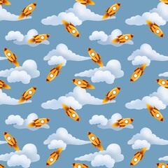 Fototapeta na wymiar seamless pattern with rockets in clouds. Design for wallpaper, packaging, fabric and textile 