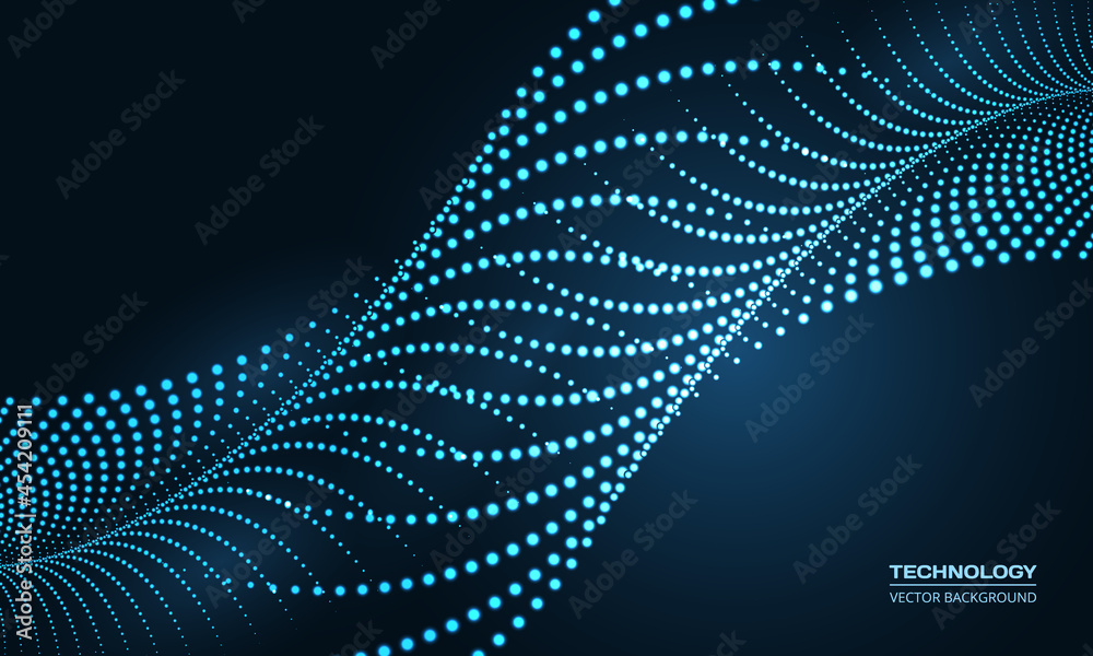 Poster Abstract vector digital technology particle wave in dark blue background. Hi tech particles dna science concept. Futuristic technology artificial intelligence background. Vector illustration