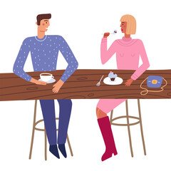 Couple enjoy romantic date eating cake and drinking coffee together. Happy man and woman sitting at table and communicate in cafe isolated on white. Front view. Vector flat illustration.