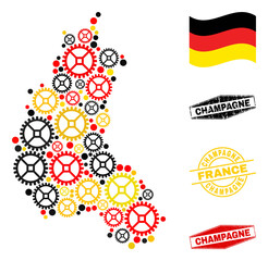 Cog Champagne Province map collage and seals. Vector collage is composed with cog icons in variable sizes, and German flag official colors - red, yellow, black.