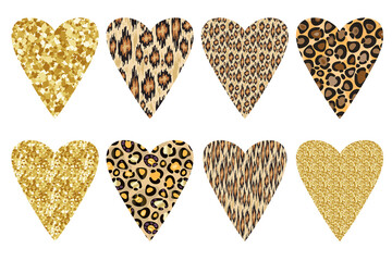 A set of hearts with animalistic and gold prints