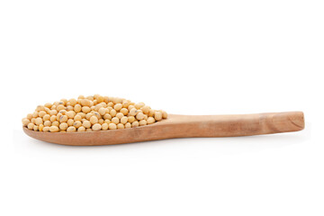 Soybeans in wood spoon isolated on white background with clipping path