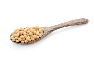 Soybeans in wood spoon isolated on white background with clipping path