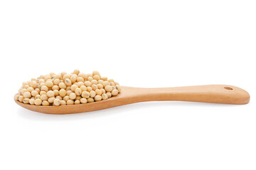Soybeans in wood spoon isolated on white background with clipping path