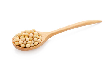 Soybeans in wood spoon isolated on white background with clipping path