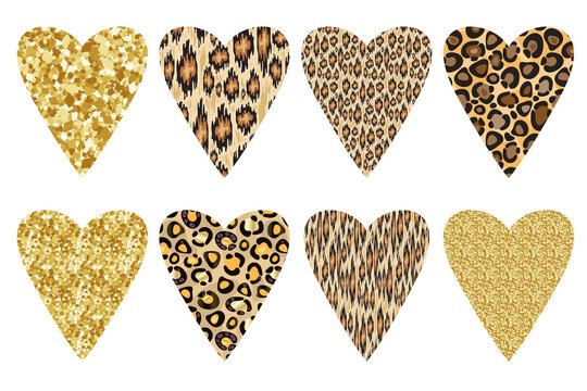 A set of hearts with animalistic and gold prints