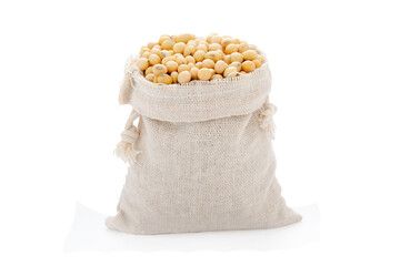 Soybeans in cloth bag isolated on white background with clipping path