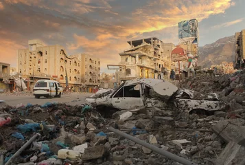 Foto op Plexiglas The rubble of destroyed houses due to the war in Yemen, Taiz © akram.alrasny