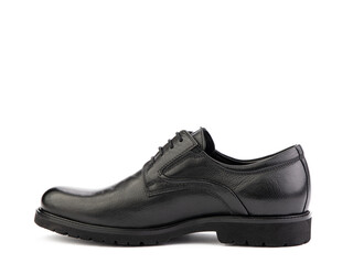 A pair of classic leather elegant men's shoes isolated white background. Groom's stylish black shoes. Isolated object close up on white background. Left side view.