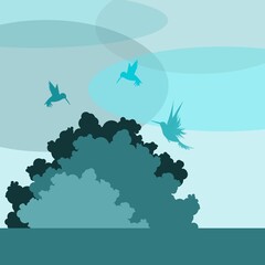 Flying hummingbirds under the bushes flat illustration on a turquoise background 