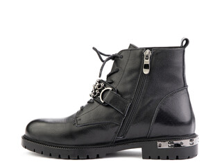 Women's autumn black leather boots jodhpur, with lance isolated on white background. View to the left. Fashionable shoes. Photo shoot for shoe store concept.