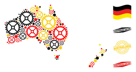 Service Australia and New Zealand map composition and stamps. Vector collage composed from repair service icons in different sizes, and German flag official colors - red, yellow, black.