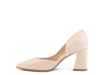 Classic and elegant suede high-heeled women shoes. Stylish beige shoes on high block heels and with a pointed toe. Isolated object close up on white background. Left side view. Fashion shoes.