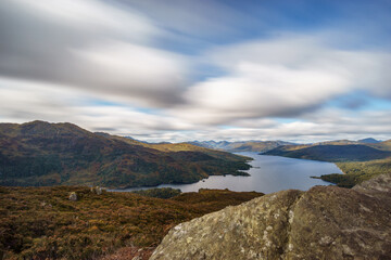 Long exposure of Loch Katrine from Ben A'an in Loch Lomond and Trossachs National Park, Scotland,...